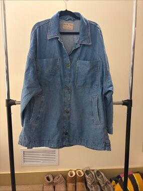 Free People Washed Light Blue Denim Shacket